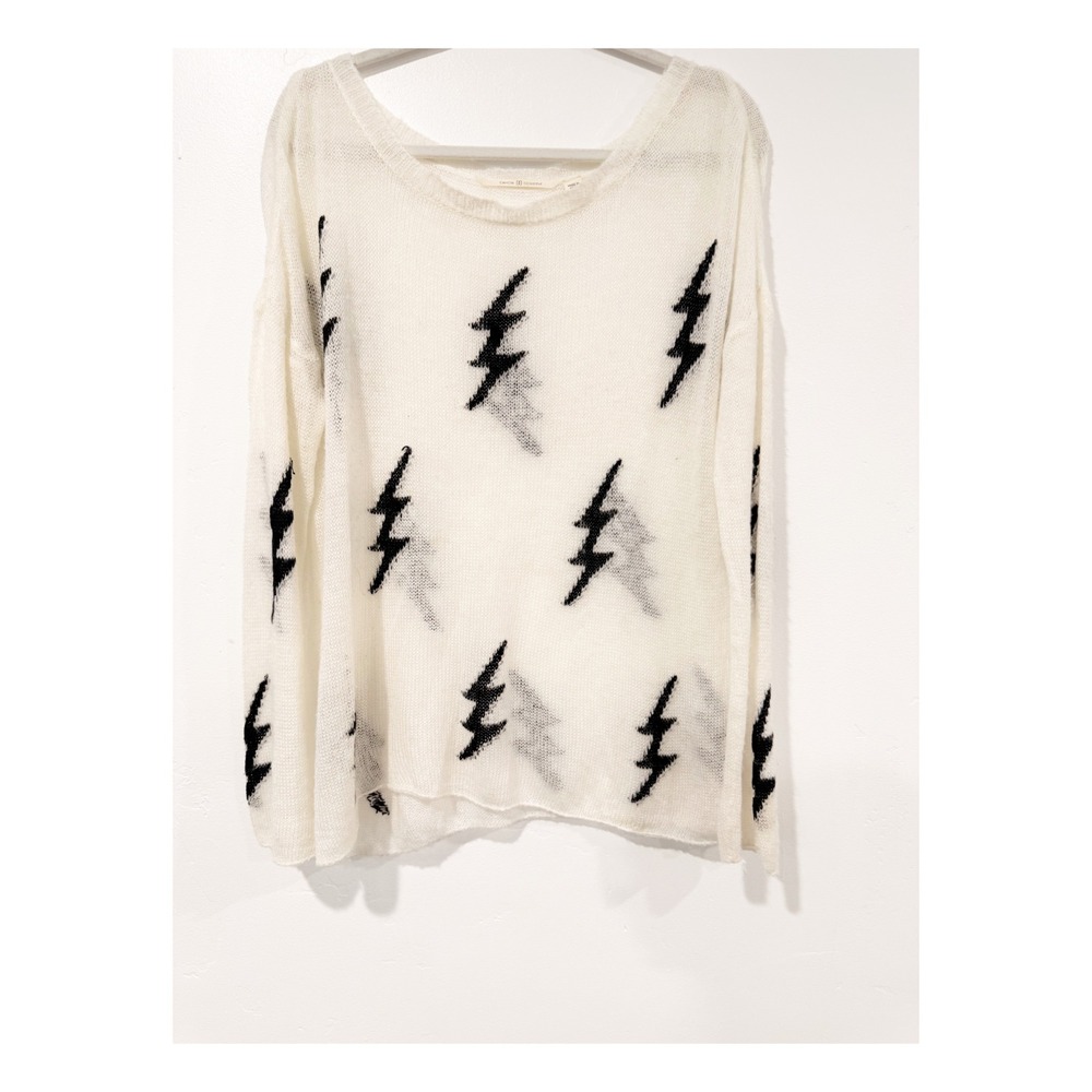 Dakota Collective Lightning Bolt Sheer Knit Sweater Ivory Black Large